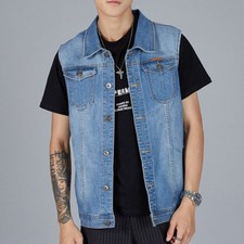 Mens Casual Waistcoat Denim Vest Jean Jacket Sleeveless Vintage Black Blue M-7XL