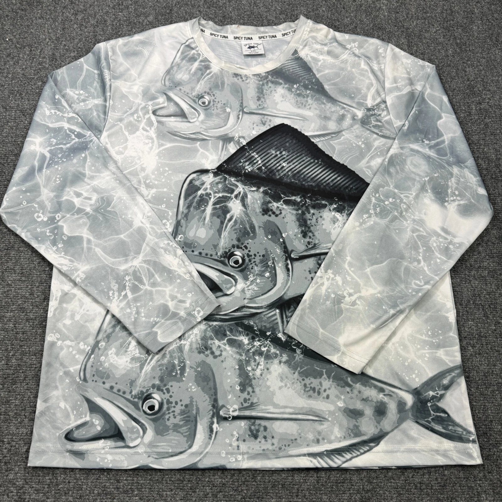 Spicy Tuna Shirt Mens XXL White Grey Loose Fit Fishing UV Protection Mahi Mahi