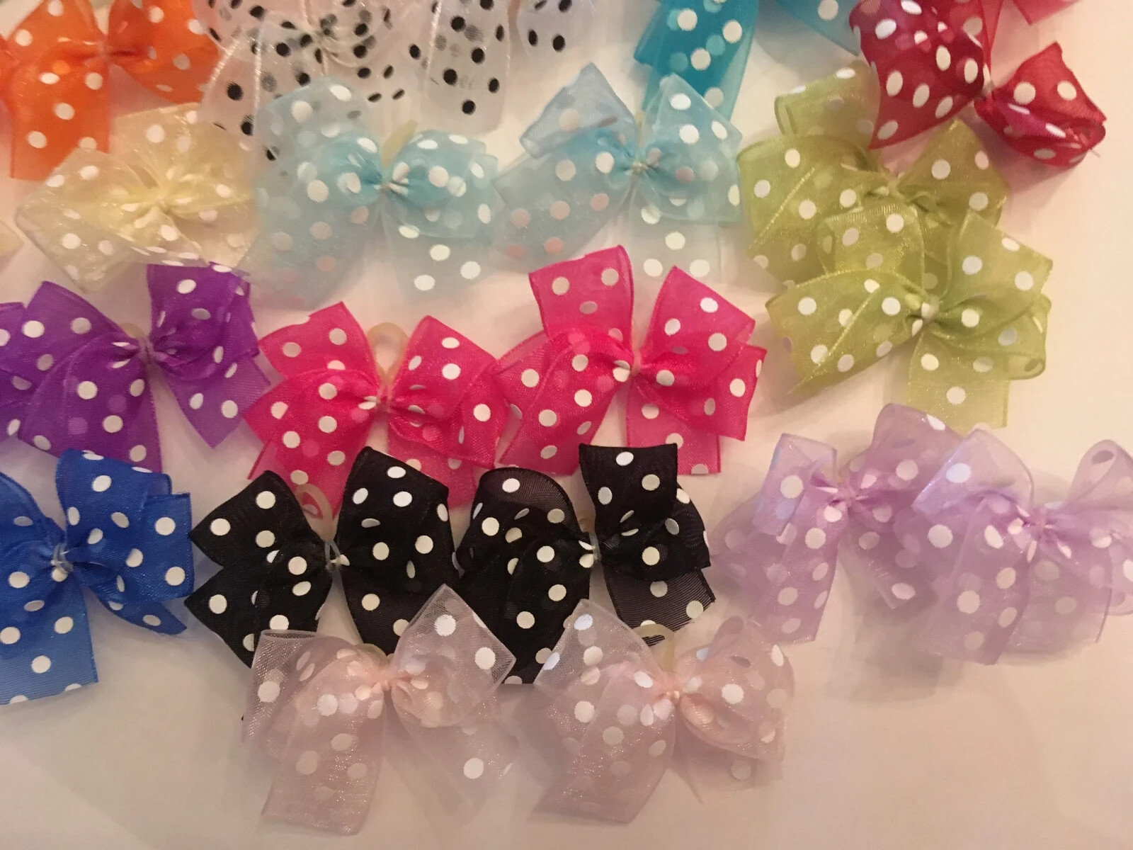 30 sm chiffon w polka dots dog bows dbl looped lightweight USA pet grooming Bows