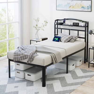 Twin Bed Frame - Storage Headboard with Charging Station, Easy Assembly, Heavy 