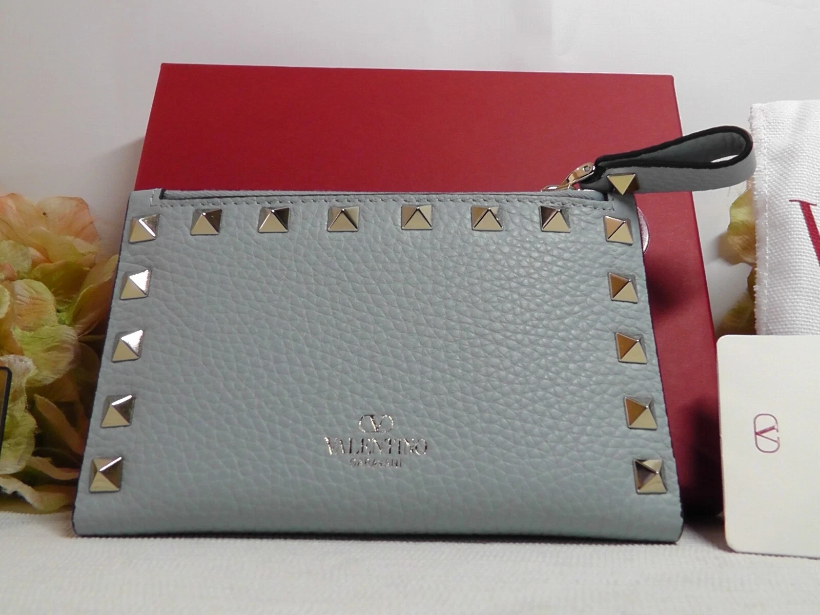 Valentino — VALENTINO GARAVANI BLUE PORCELLANA Rockstud Leather Bifold Wallet***$490***NEW