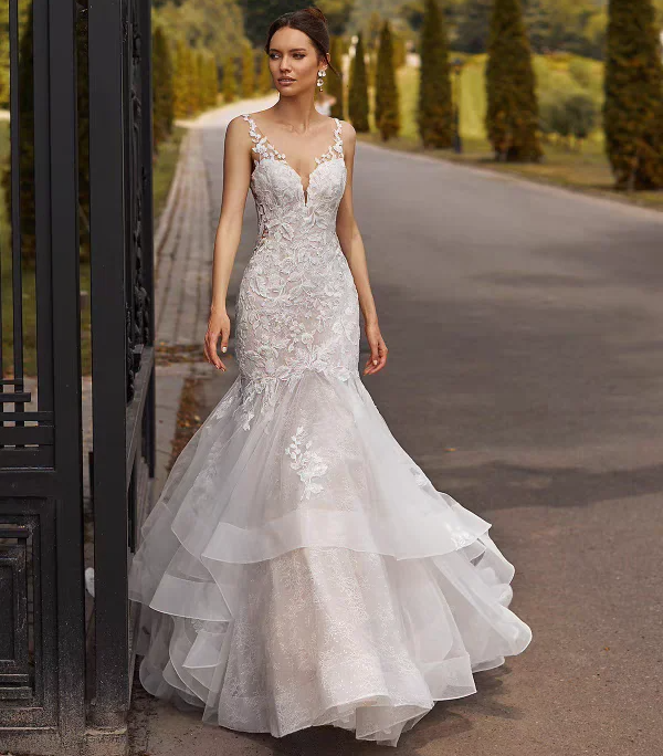 Luxury Mermaid Wedding Dress V-Neck Backless Ruffles Lace Applique Bridal Dress | eBay Luxury Mermaid Wedding Dress V-Neck Backless Ruffles Lace Applique Bridal Dress | eBay