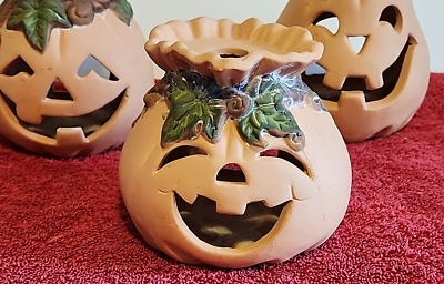 Set of 3 Jack-O-Lanterns Vintage Terracotta Halloween Pumpkin