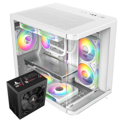 Iceberg Gaming PC Case Crystal Wave M WHT curved tempered Glass with PSU 500WX