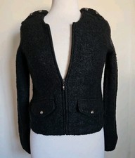 Zara Black Wool Blend Tweed Zip-Up Slim Crop Jacket Blazer Size Medium
