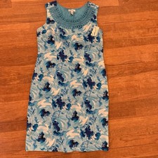 NWT Kim Rogers blue white 100% linen knee length shift dress size 8 b63