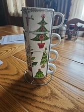 Pier 1 stackable porcelain Christmas Tree set of four coffee tea cups metal rack