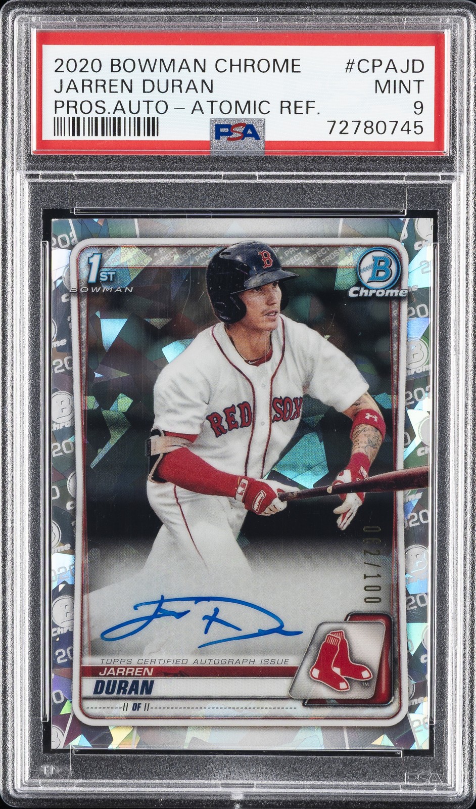 2020 BOWMAN CHROME PROSPECT AUTO ATOMIC REFRACTOR JARREN DURAN 62/100 PSA 9 AUTO