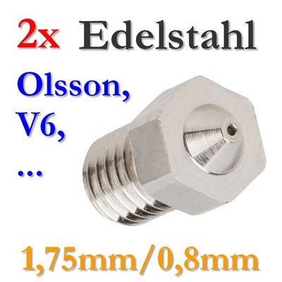 2x 0,8mm Edelstahl Stahl Düse V6 Nozzle 1,75mm Hotend 3D für z.B. Ultimaker UM2
