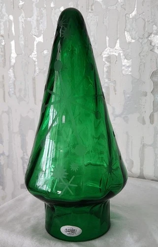 BLENKO Handcrafted green 10.5” optic etched hand-blown glass mountain pine tree