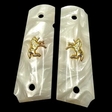 24K Gold Colt 1911 Grips Full Size White Pearl Medallion Ambi Cut Screws