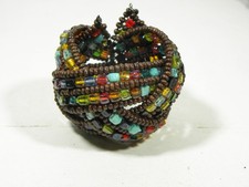 Brown Wood Wrap Cuff Bracelet Wide Multicolor Micro Glass Beads Boho Hippie