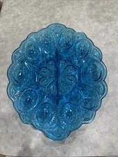 Vintage L.E. Smith Moon And Stars RARE Ice Blue Deviled Egg Plate