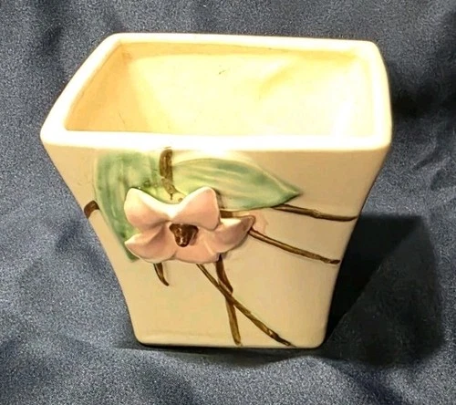 Vintage McCoy Creamy White Ceramic Planter Pink Flower Square Vase
