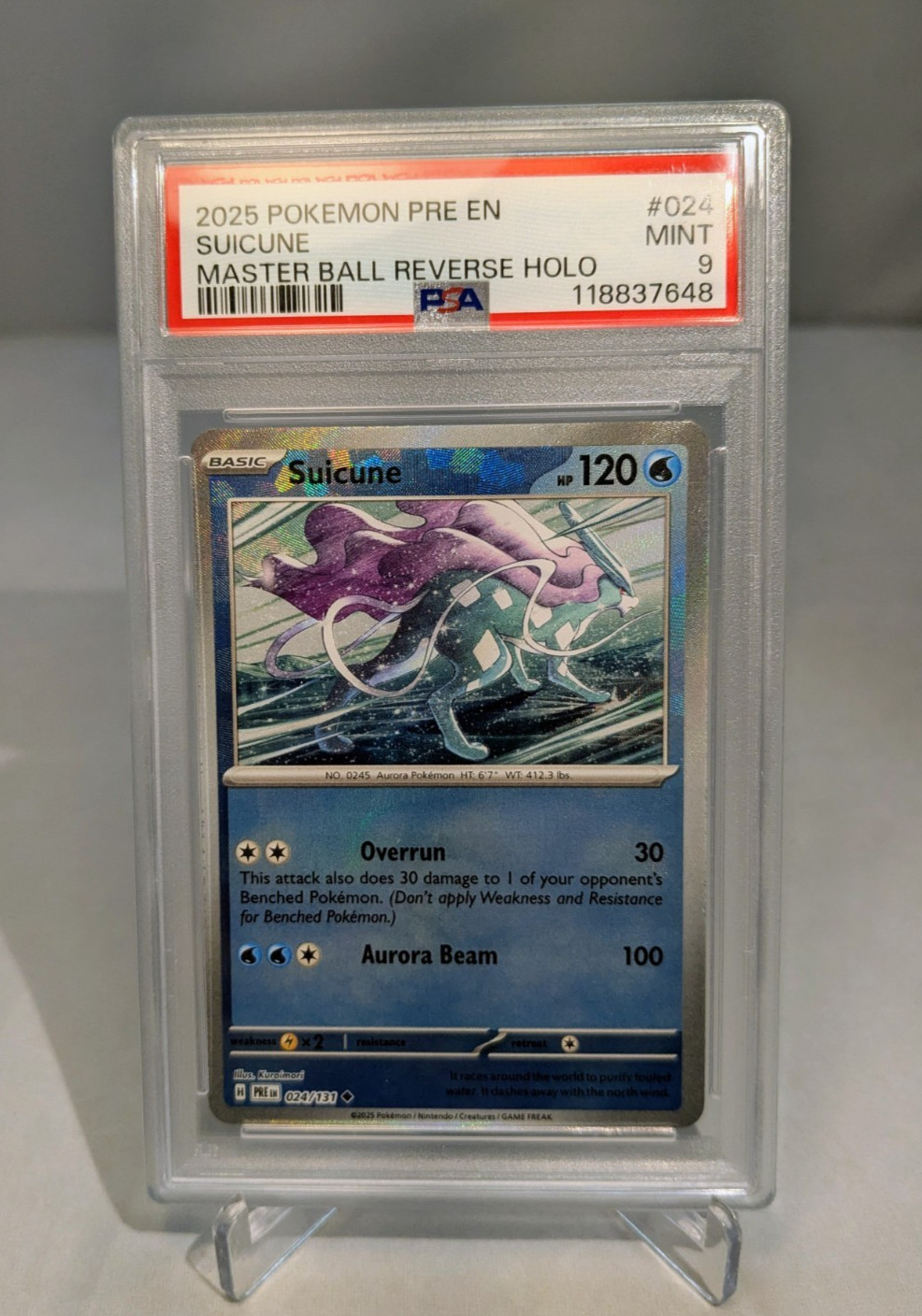 Pokemon Prismatic Evolutions Suicune 24/131 Master Ball Reverse Holo PSA 9