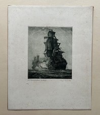 Radierung Paul Wallat Maritim Seeschlacht mit Schiffen Die Kampfhähne