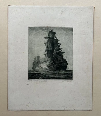 Radierung Paul Wallat Maritim Seeschlacht mit Schiffen Die Kampfhähne - Bild 1 von 4