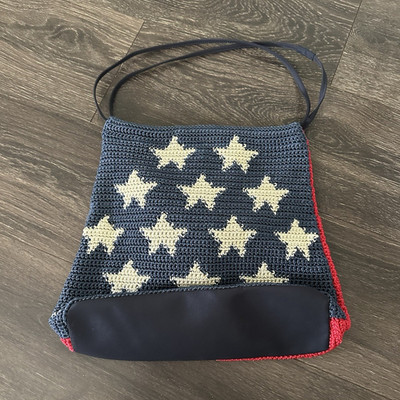 Crochet Patriotic Star Shoulder Bag Blue Red White Lined Magnetic Snap Women's