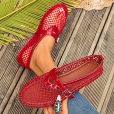 Women Mesh Ballet Flats Round Toe Fishnet Buckle Ballerina Mary Jane Flats