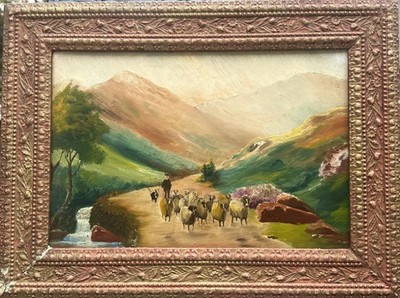 Walker (British), ANTQ  19th C British O/B ''Shepherd & Sheep in Mountain'' Signed