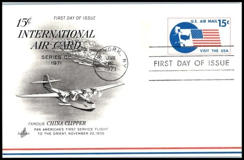 1971 China Clipper Airmail 15c Sc UXC5 FDC with ArtCraft cachet New York NY