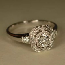 1.30Ct Round Real Moissanite Art Deco Vintage Wedding Ring 14K White Gold Plated