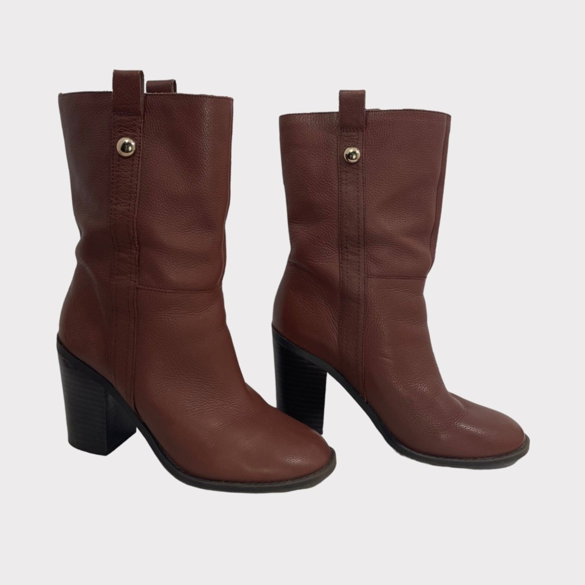 Women Boots Nine West Leather Upper Brown With Gold Accents Harbourno Size 