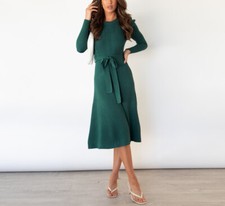 Women Solid Bubble Long Sleeve Knitted High Waist Swing Long Dress with Belt