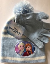 Disney FROZEN Toboggan Winter Hat Glove Set Icy Blue Stripe PomPom ANNA/ELSA NWT