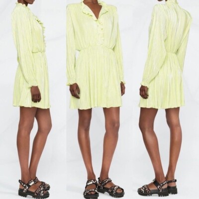 Rotate Birger Christensen Sunny Lime Green Ivy Pleated Mini Dress Size 4 NEW