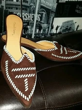 David Aaron Brown Suede Aqua Bold Stitch Boho Hippie  Kitten Heel  Mules $189