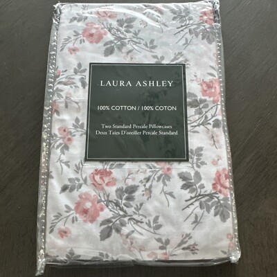 Laura Ashley Floral ROSALINDA Pink & Grey Standard Pillowcases (2) 100% Cotton
