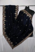 Velvet Blue Golden Embroidered Dupatta For Women Traditional Indian Girls Wear