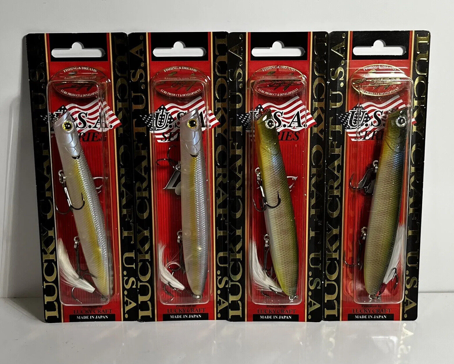 Lucky Craft Gunfish 117 Topwater Lure - (LOT OF 4) Chartreuse Shad & BE Gill