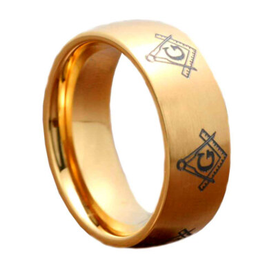 8mm Dome Titanium Ring Gold Plated Masonic Freemason Brush Men's Wedding Band