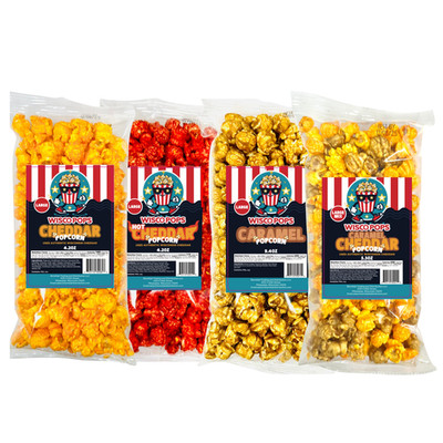 Wisco Pops 4 Flavor Popcorn Assortment Sampler, Cheddar, Hot Cheddar, Caramel
