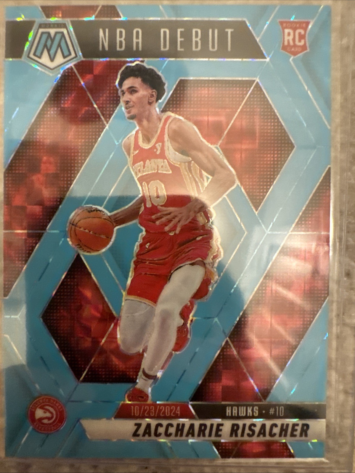 2024-25 Panini Mosaic Zaccharie Risacher Rookie NBA Debut Blue Fluorescent /75