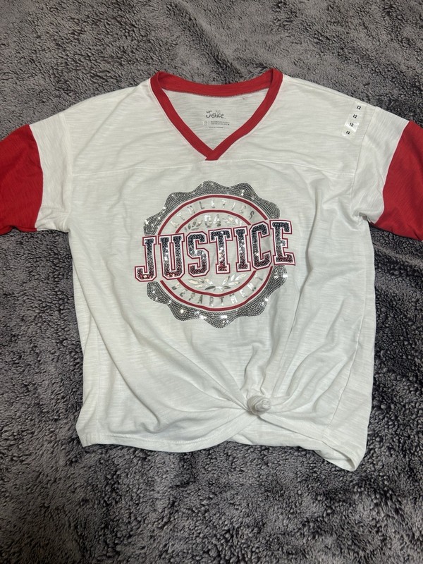 Justice White With Red Trim And Logo Sequined Top. New. Sz 12