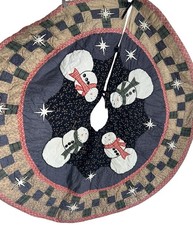 Festive Quilted Christmas Tree Skirt Applied Snowmen With Buttons 44