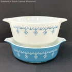 VNTG 2p Pyrex Snowflake Blue/On White Garland Round Glass Casserole Dishes 471/2