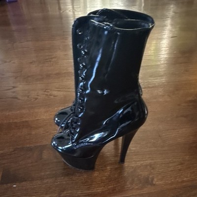 Pleaser SKY-1020 Black Patent Platform Ankle Boots Lace Zip Stiletto Synthetic