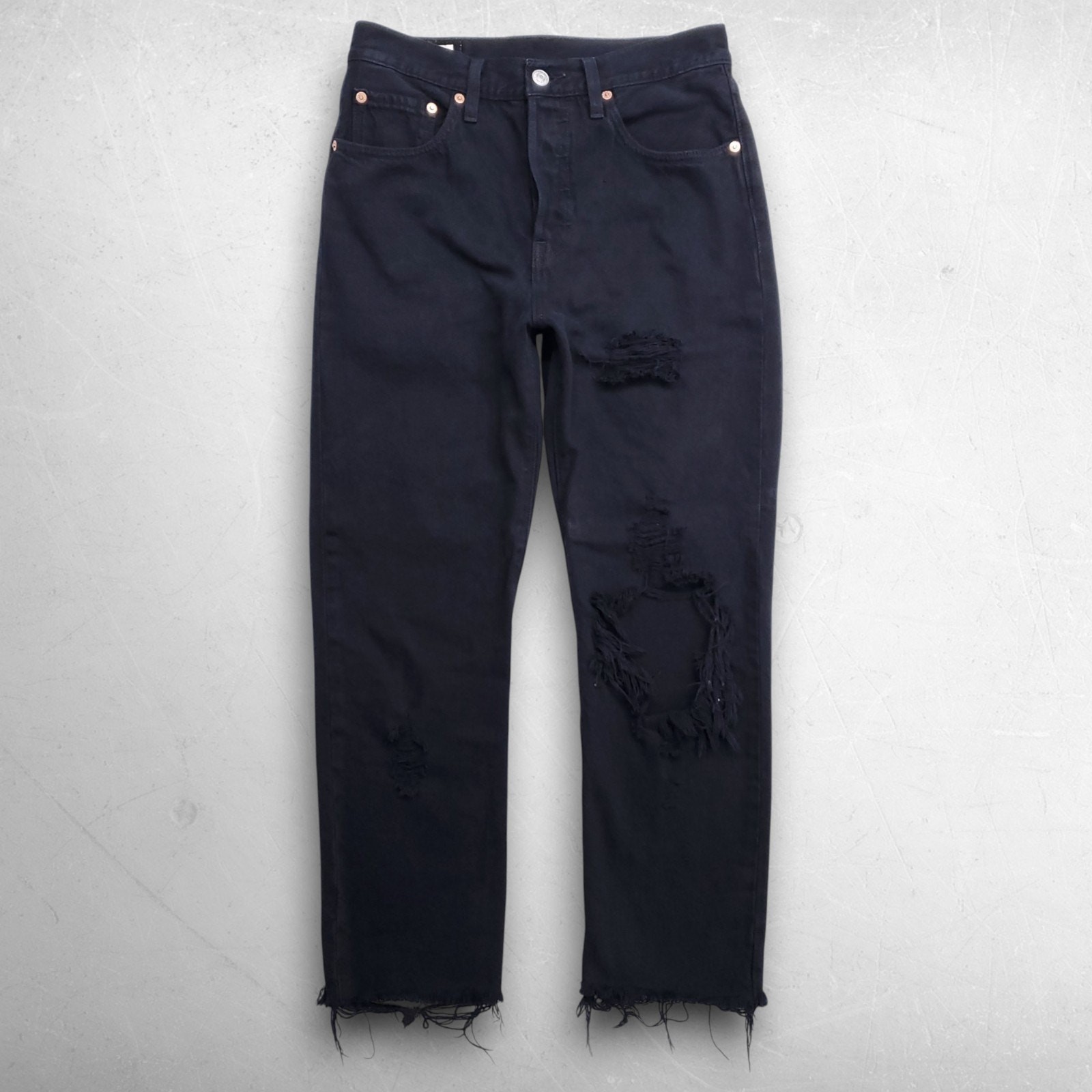 Levis Premium 501 Cropped Jeans Button Fly Distressed Big E Women 27 Black