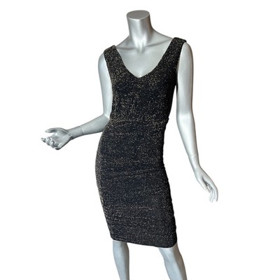 French Connection Small Black Gold Metallic Midi Dress Ruched Sleeveless  Stretch | eBay