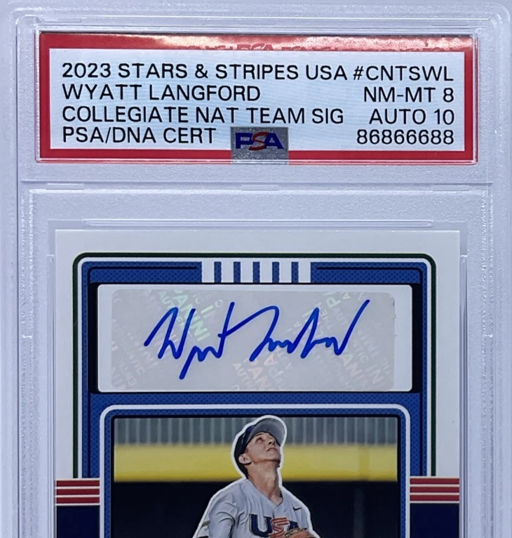 Wyatt Langford Rookie Auto PSA 8/10 - 2023 Panini USA -Rangers, Gators- Pop. 3 - Image 2 of 4