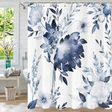 Navy Blue Floral Shower Curtain Watercolor Ink Flower Plant Leaf 72x72 Inch