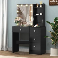 Black Makeup Vanity Table With Sliding Mirror & LED Lights Drawers Dressing Desk