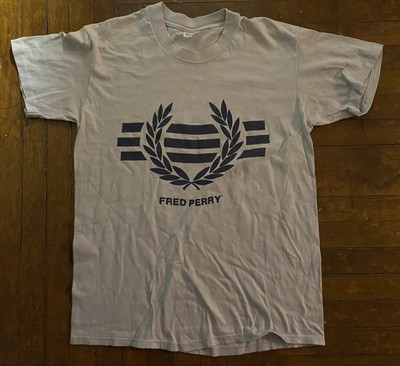 FRED PERRY【The Fred Perry Shirt】 VINTAGE 80s FRED PERRY Grey Navy Blue Large T-Shirt Skinhead Mod