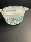 Vintage Pyrex #473 1 Qt  Casserole & Lid Turquoise Amish Butter-print