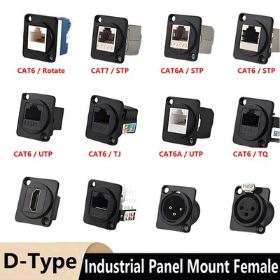 Ethernet Cat6A/6/5E Socket D-Type Module Shielded Industrial Panel Mount Female