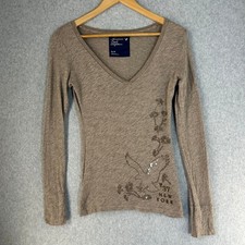 American Eagle 2000s Y2K Tan Brown V-Neck Long Sleeve Top Sequin NY Size Small